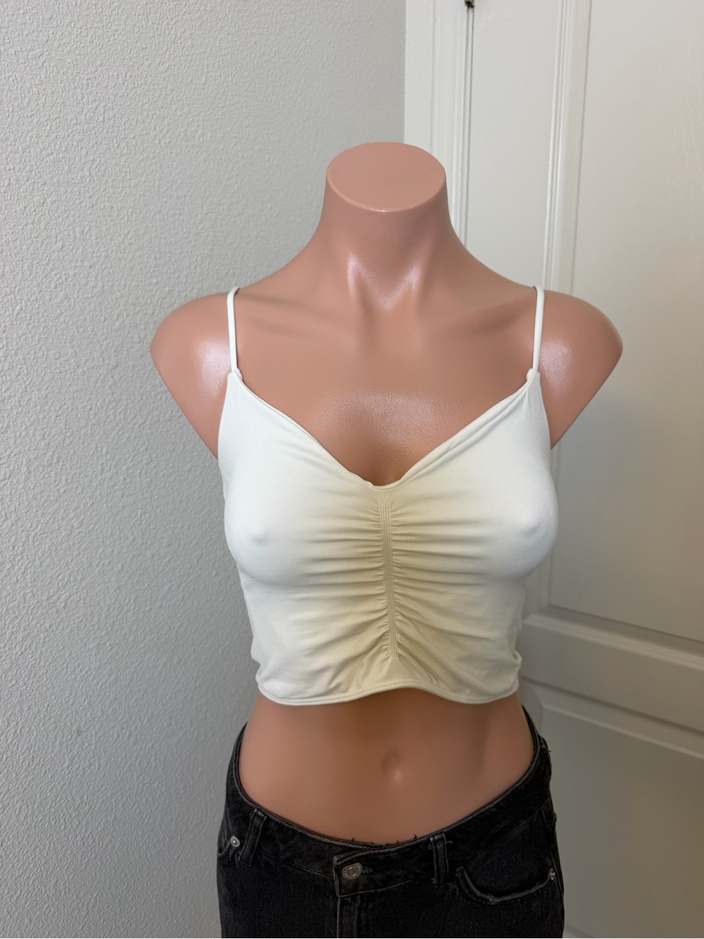 Anthropologie Cream Ruched Spaghetti-Strap Crop Top